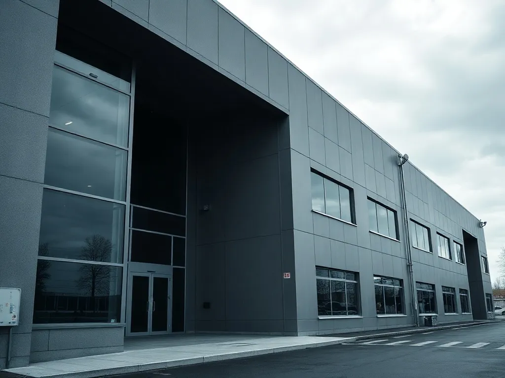 A minimalist gray industrial office building with large glas