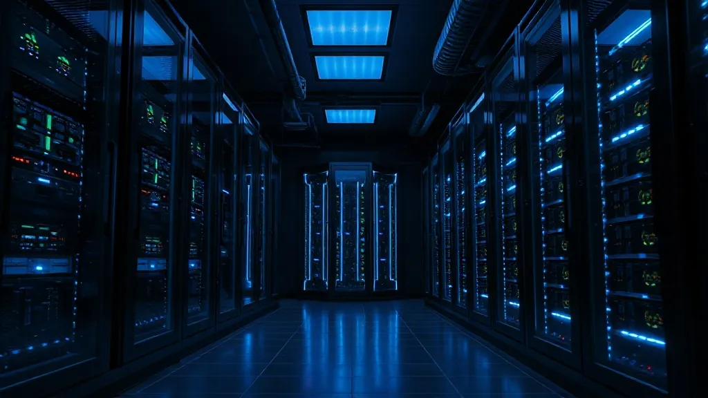 A dark server room with glowing blue and silver lights, rows