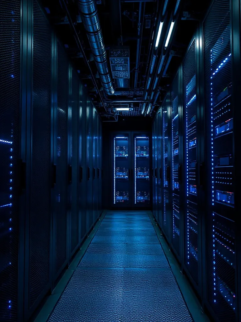 Dark server room with glowing blue lights, industrial atmosp